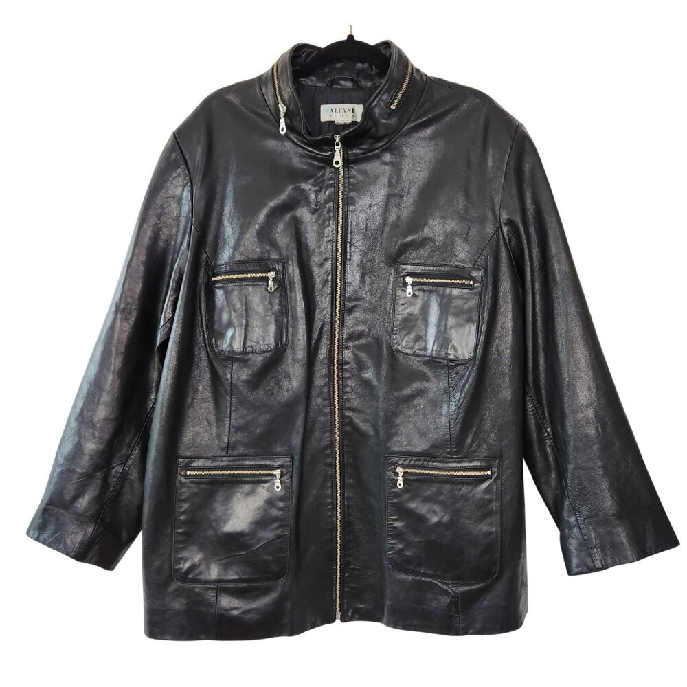 Alfani Woman Black Soft Leather Coat Full Zip With Multiple Zippered Pockets**